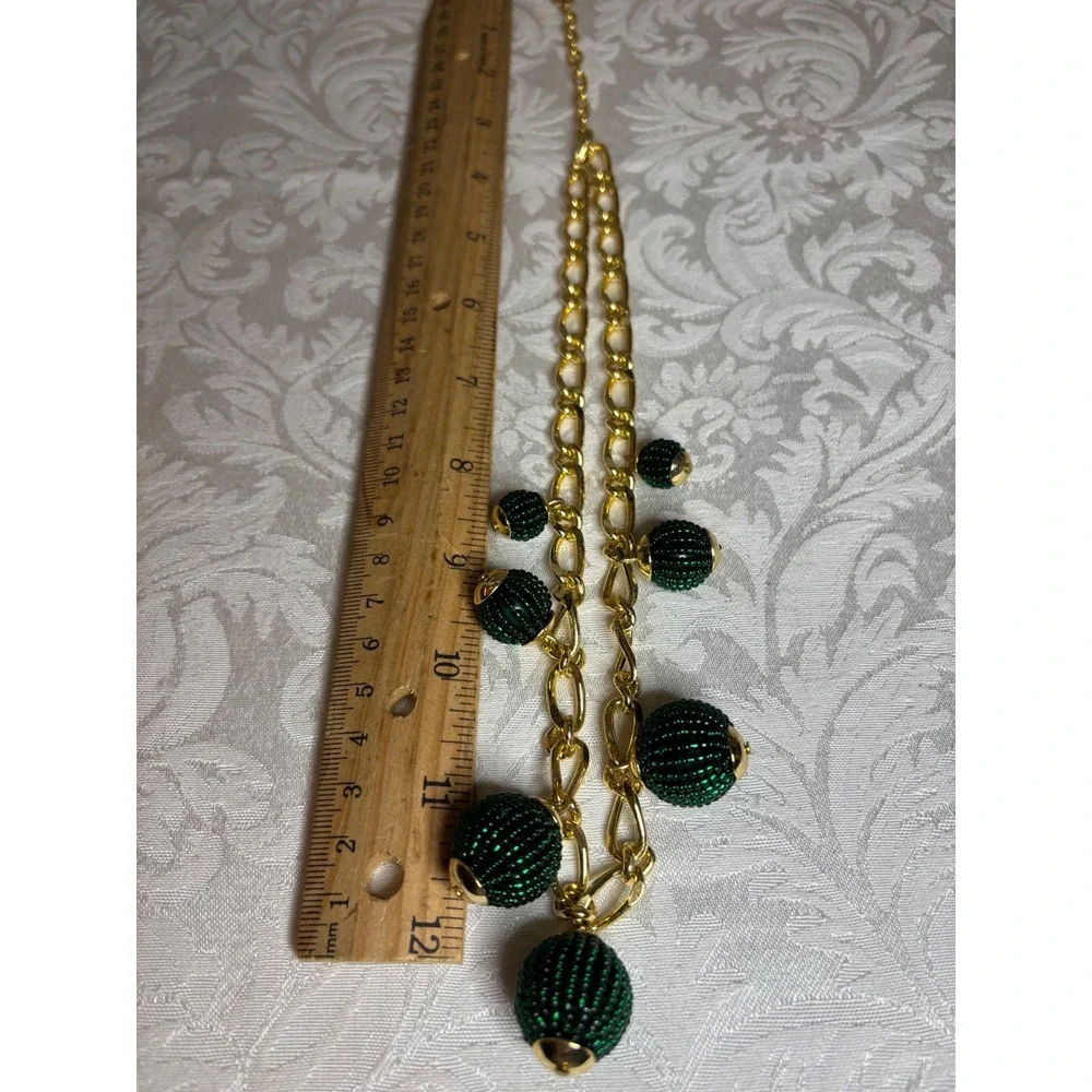 Talbots Gold Tone Chunky Link Necklace Green Beaded Ball Charms Statement 20in